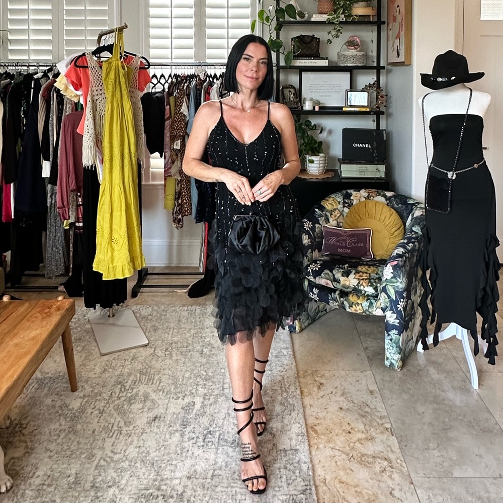 Vintage Privilege Black Sequence Midi Dress Size M